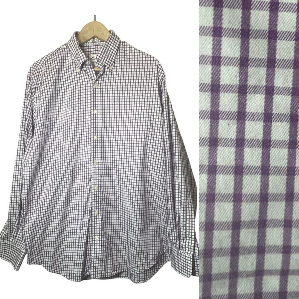 Peter Millar Mens Button Front Shirt Gingham Plaid Purple White Large Nanoluxe